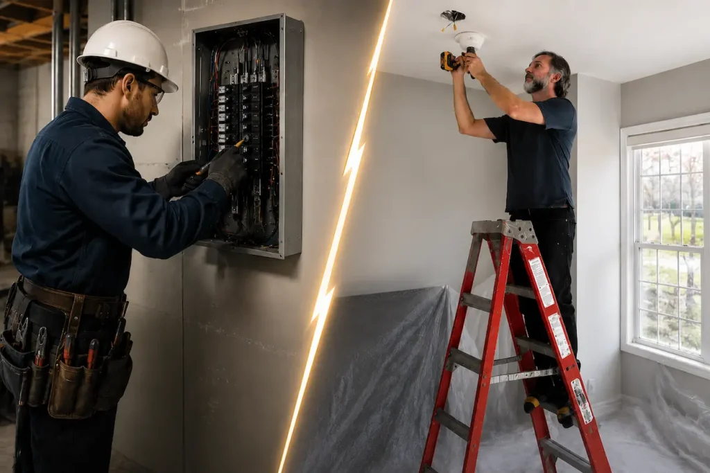 Electrician vs pot light specialist working on recessed lighting installation in Toronto home